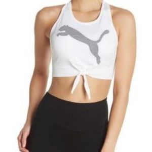 PUMA White Big Cat Front Tie Crop Top Sports Bra EUC sz L